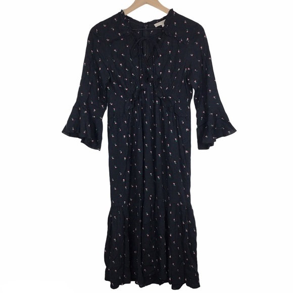 LOFT Midi Dress Prairie Peasant Boho Ruffle Floral Rosebud Garden Party XS NWT - Picture 1 of 12